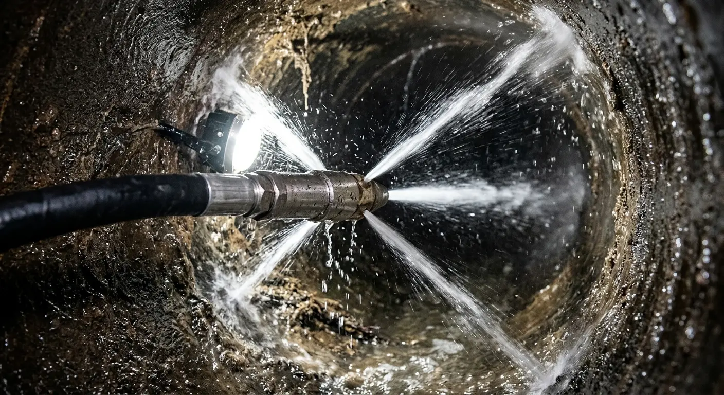 High-pressure hydro jetting nozzle cleaning sewer pipe for Storm Drain Cleaning in Sunny Isles Beach