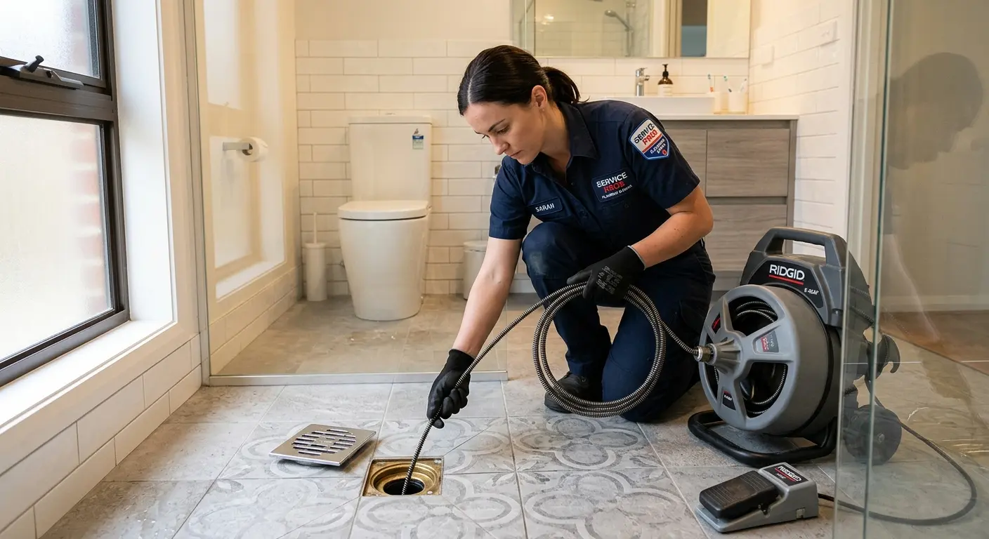 Technician clearing a bathroom floor drain for Sewer Line Installation in Sunny Isles Beach